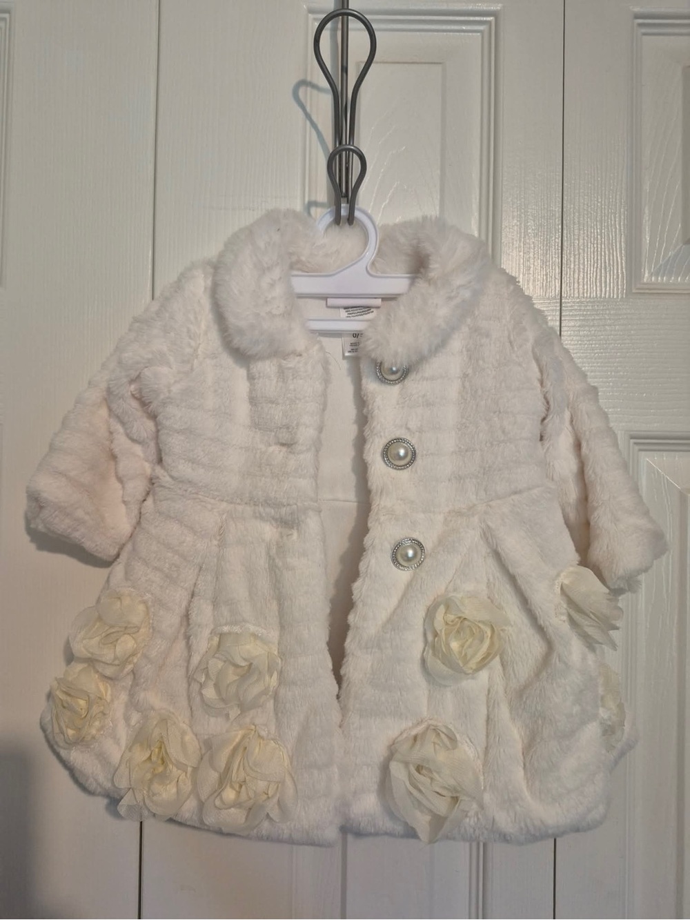 Little Lass Ivory Faux Fur Flower Pea Coat
